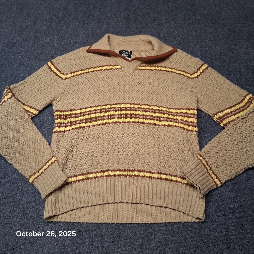 Vintage Gary Reed Sweater Mens Large Collared Striped Brown and‎ Maroon